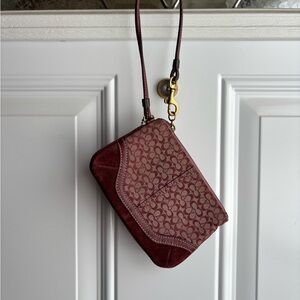 Burgundy Coach Signature Canvas and Suede wristlet